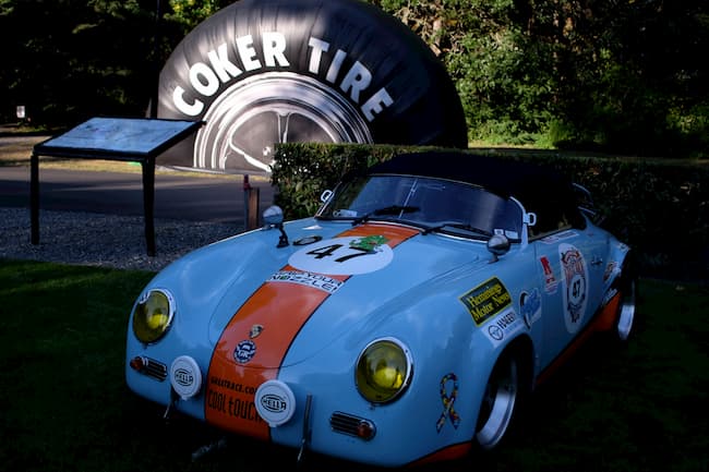 Blue Porsche at finish line 2019 Great Race